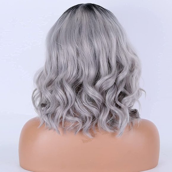 13x4 Short Bob Curly Black Grey Ombre Lace Front Wig
